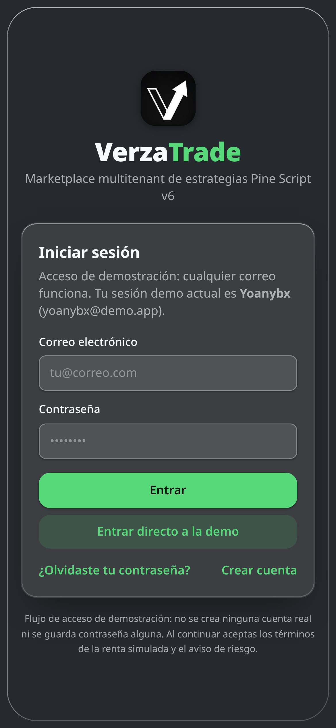 Pantalla real de acceso a la app de VerzaTrade en el móvil