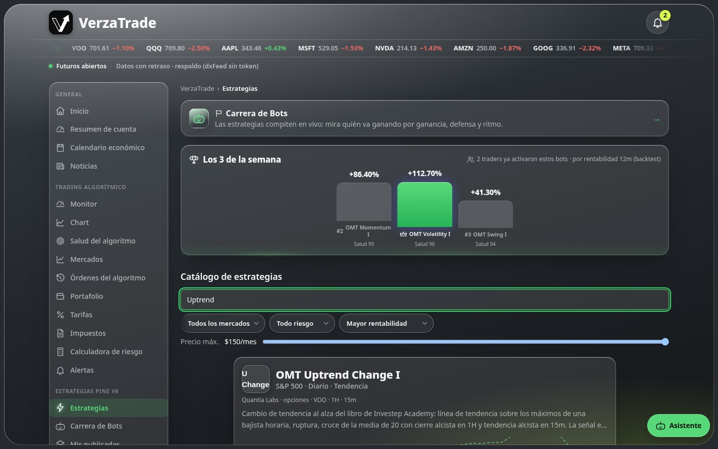 Captura real de la app: búsqueda en el catálogo, con las estrategias de opciones y sus etiquetas de veredicto